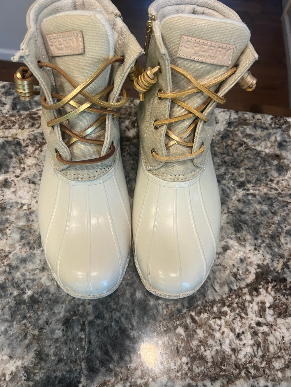 Sperry Cream and Gold Lace-Up Duck Boots with Gold Hardware